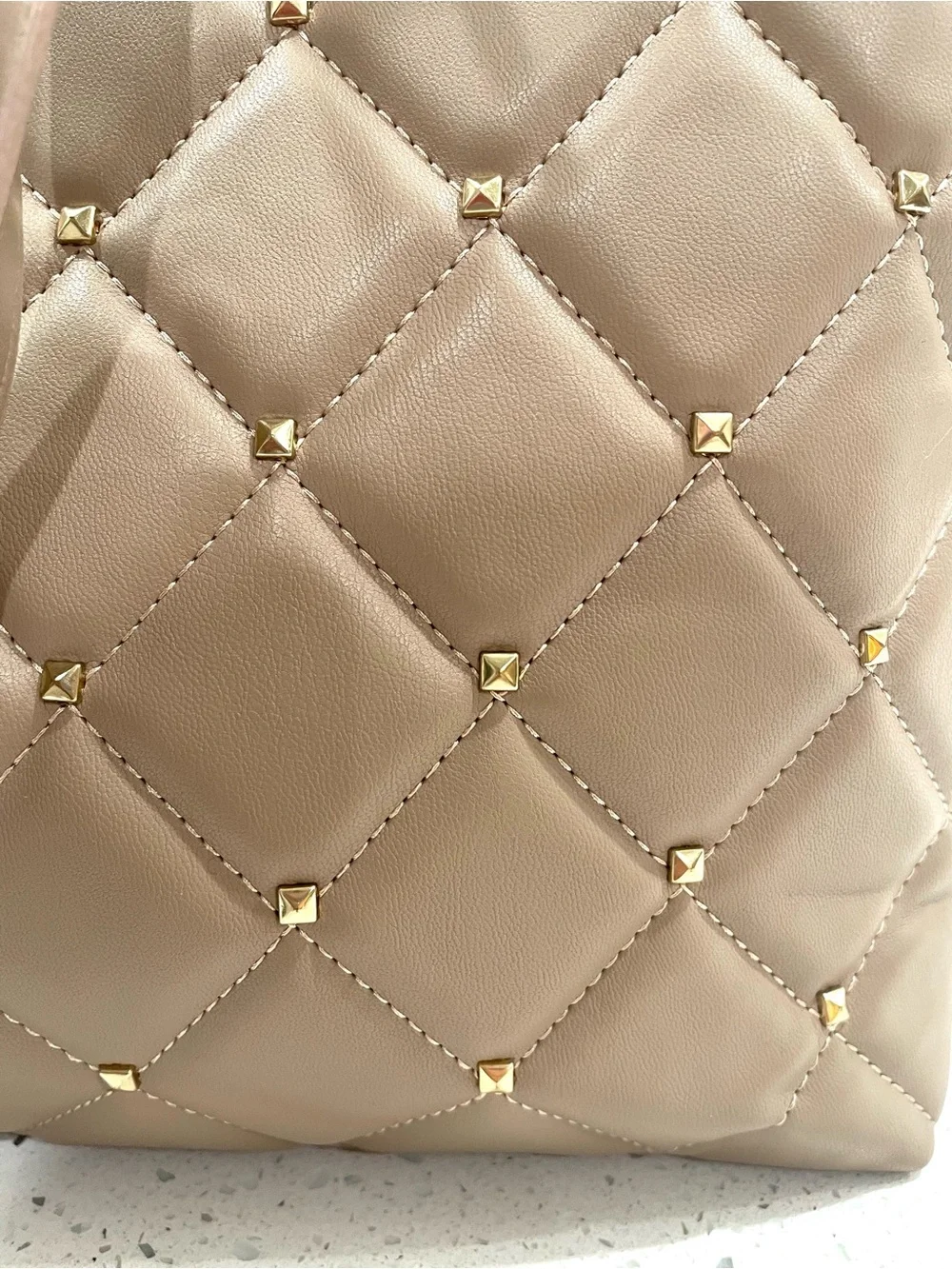 Badgley Mischka Quilted Taupe Tote with Gold Hardware